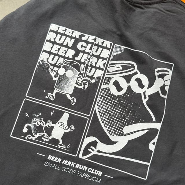 Beer Jerk Run Club half marathon tee with Tinny artwork.